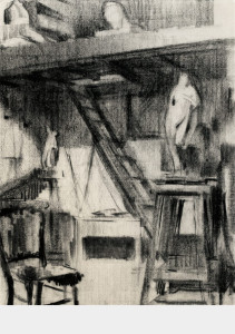 Het atelier / The Studio houtskool charcoal 49 x 37 cm