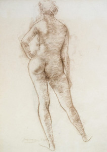 Staand naakt op de rug / Standing Nude, Back View bruin krijt, gesigneerd links onder brown chalk, signed lower left 63 x 45 cm